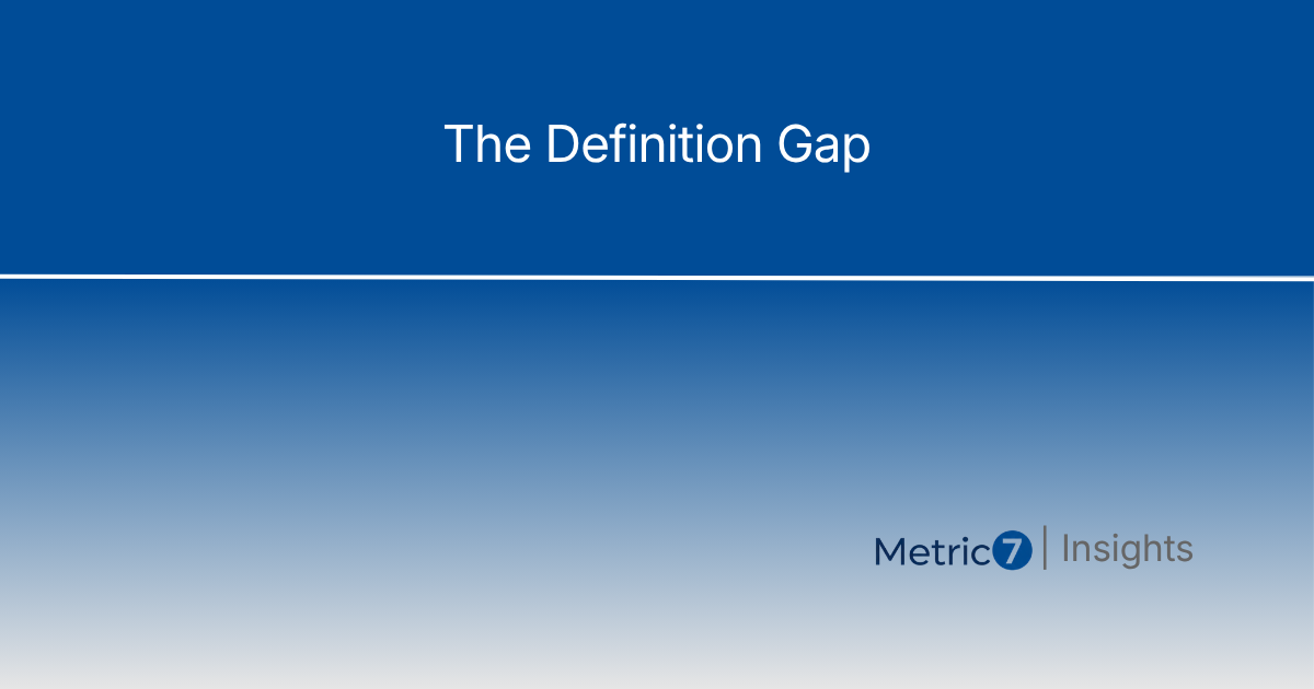 Article title 'The Definition Gap' on blue gradient background with Metric7 Insights branding