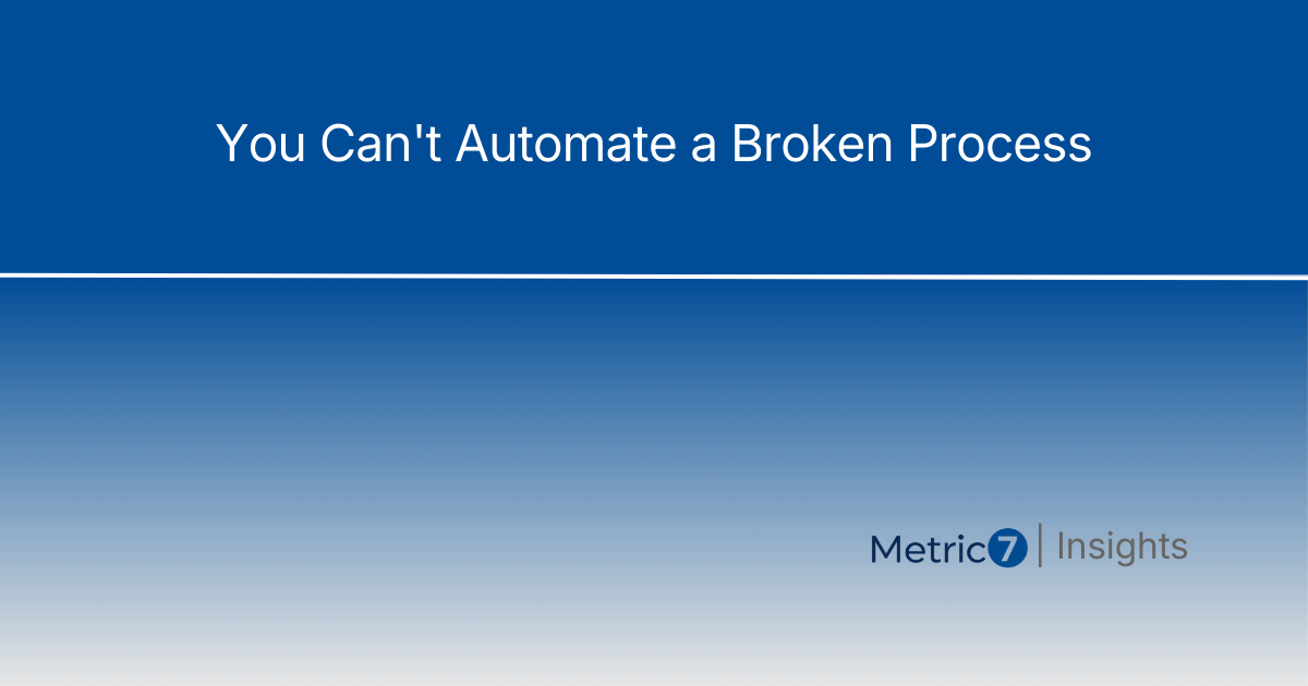 Article title 'You Can't Automate a Broken Process' on blue gradient background with Metric7 Insights branding